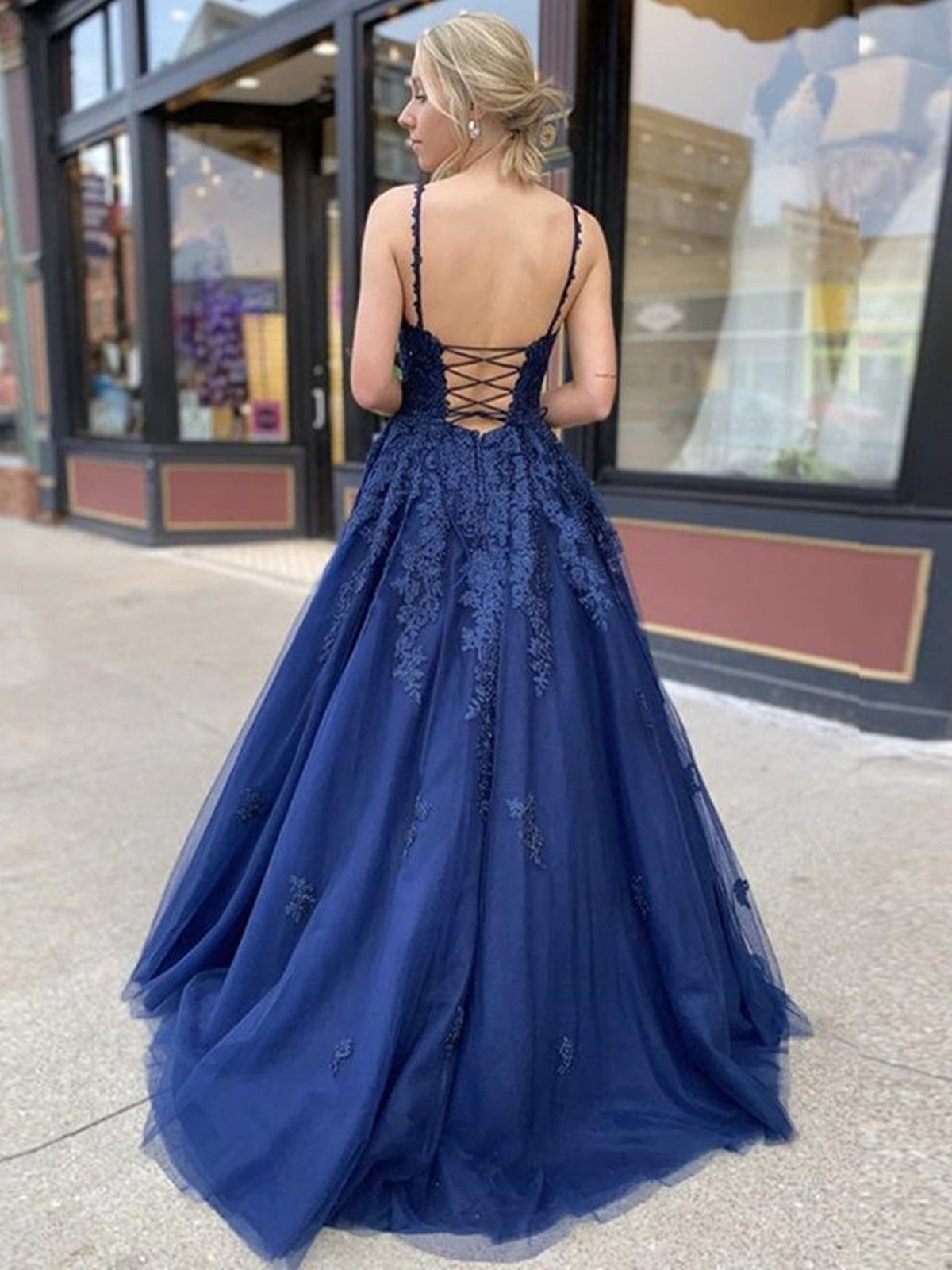Half Sleeves Navy Blue Long Lace Prom Dresses, Navy Blue Lace Formal B -  shegown